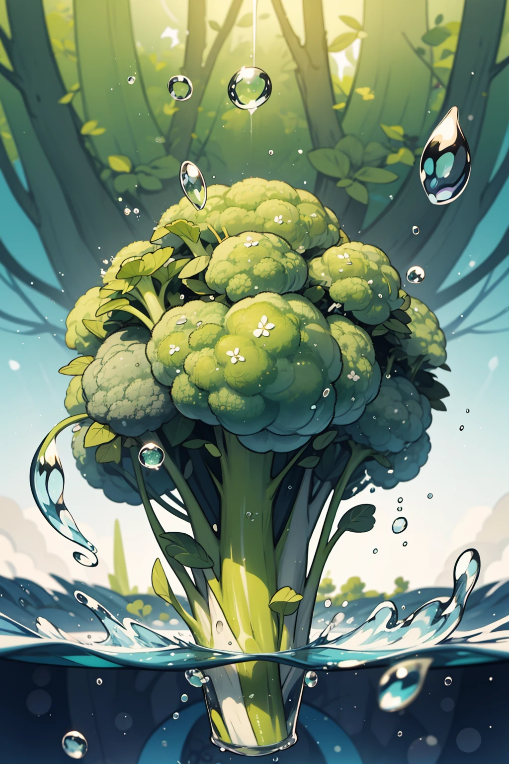 Photographic, realistic, broccoli, vegetable, water drop, water splashing, solo object, no humans, green theme, frost poster<Lora: Hua Wei Fresh Supermarket frost poster_v1.5:0.9>, Bubbles