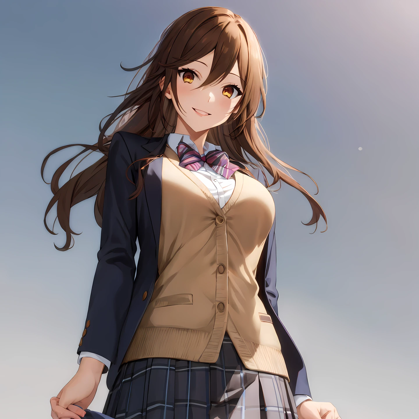 (masterpiece,hires), (2.5D:0.2), female focus, 1girl, long hair, horiK,school uniform, skirt, blazer,smile, ,outdoors ,medium breasts,(simple background:1.4), , looking at viewer, natural lighting,    <lora:me_hori-08:0.8>