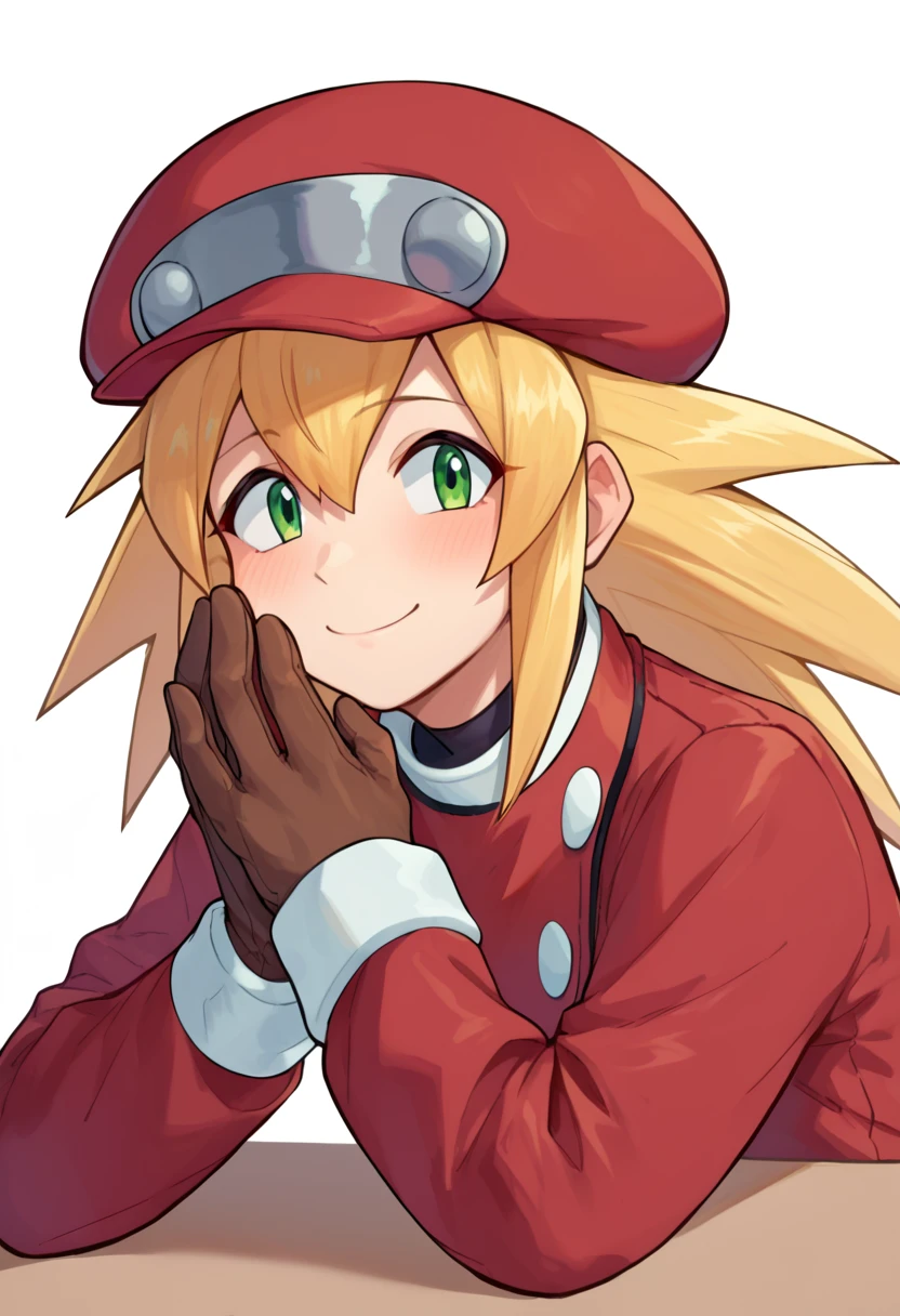 rating_explicit, score_9, score_8_up, score_7_up, score_6_up, score_5_up, score_4_up, by ishikawa hideki,
<lora:RollCaskettMegamanPonybyRR:1>, roll caskett (mega man), long hair, spiked hair, bangs, hair between eyes, smile, blonde hair, closed mouth, green eyes, cup, red jacket, brown gloves, red cabbie hat
1girl, upper body, head rest,
dynamic shot, simple background, box