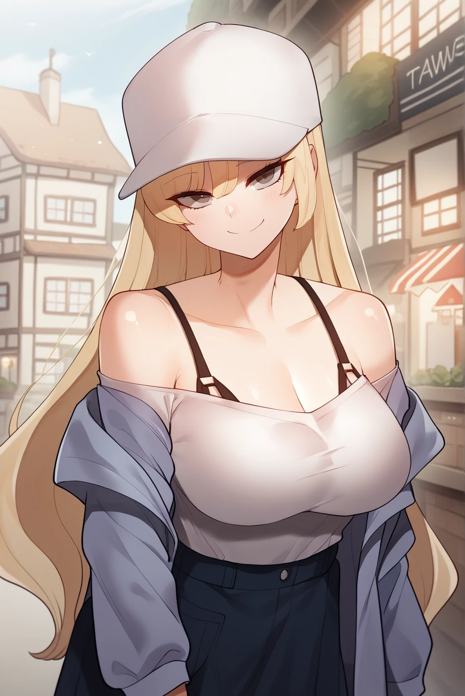 score_9, score_8_up, score_7_up, score_6_up, score_5_up, score_4_up, BREAK source_anime,
1girl, <lora:YejinXL-v1-05:1.0>, ChopioYejin, blonde hair, very long hair, grey eyes, (looking at viewer:1.3),
large breasts,
outdoors, town, shops, sunny,
cap, blue jacket, off shoulder, shirt tucked in, dark blue skirt, miniskirt, bra straps, seductive smile,