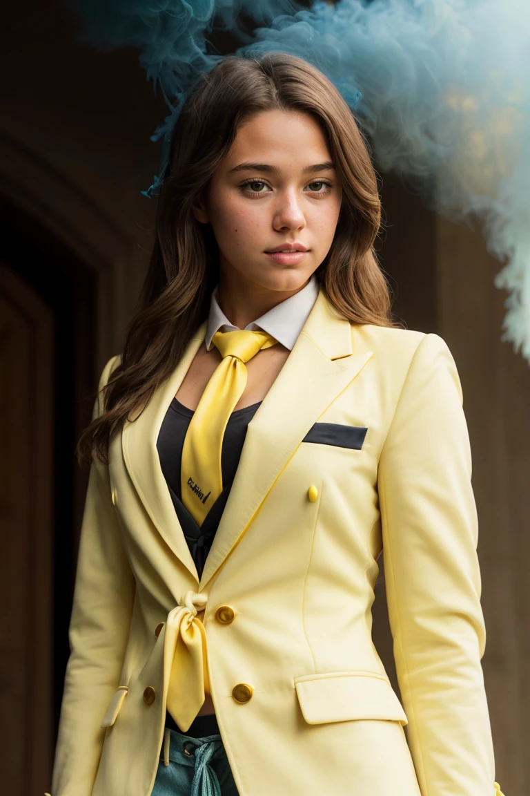 (CINEMATIC SHOT:1.4)(Crowded College Campus:1.4) ((CLOSE-UP SHOT, ZOOM ON FACE:1.3)) TrualityCampus_Fixi_Hartmann (tucked White Formal Shirt 1.3)(Yellow Blazer:1.4)(Necktie:1.5)(Jeans:1.4)((Photo Focus, DOF, Aperture, insanely detailed and intricate, character, hypermaximalist, elegant, ornate, beautiful, exotic, revealing, appealing, attractive, amative, hyper realistic, super detailed, heresy flares))(volumetric yellow smoke:1.3) (standing in front of a college entrance)