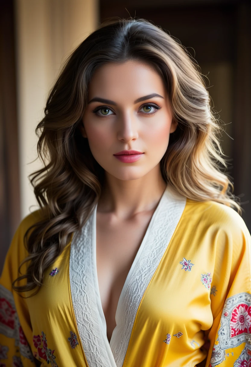 Modelshoot (Candid 1.3) photo of a vivacious 28-year-old Macedonian supermodel, fullbody view, Striking eyes, voluminous wavy hair, coy expression, lipgloss, wearing intricately detailed Yellow Kimono, looking at viewer, (upper body shot:1.5) Natural lighting, shot using a Leica T in the style of (Daniel Jackson:1.3) High detail, intricate, detailed face, detailed eyes, detailed skin, Shallow Depth of Field, Rustic Background,