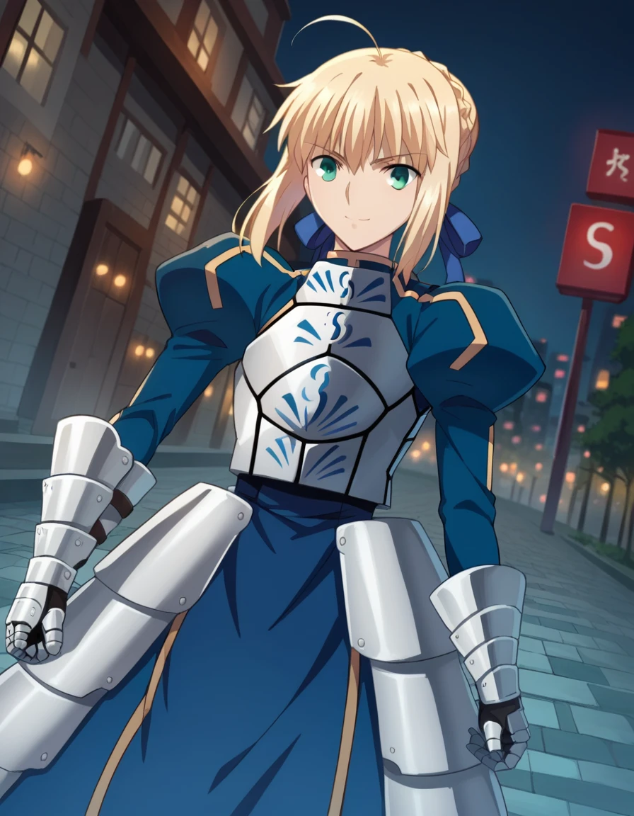 score_9, score_8_up, score_7_up, source_anime,
artoriapendragon, <lora:artoria-pendragon-hf-ponyxl-lora-nochekaiser:1>,
artoria pendragon, artoria pendragon \(fate\), saber, blonde hair, green eyes, ahoge, sidelocks,
hair bun, single hair bun, braid, dress, ribbon, hair ribbon, armor, gauntlets, armored dress,
outdoors, cityscape, smile,
looking at viewer, dutch angle,