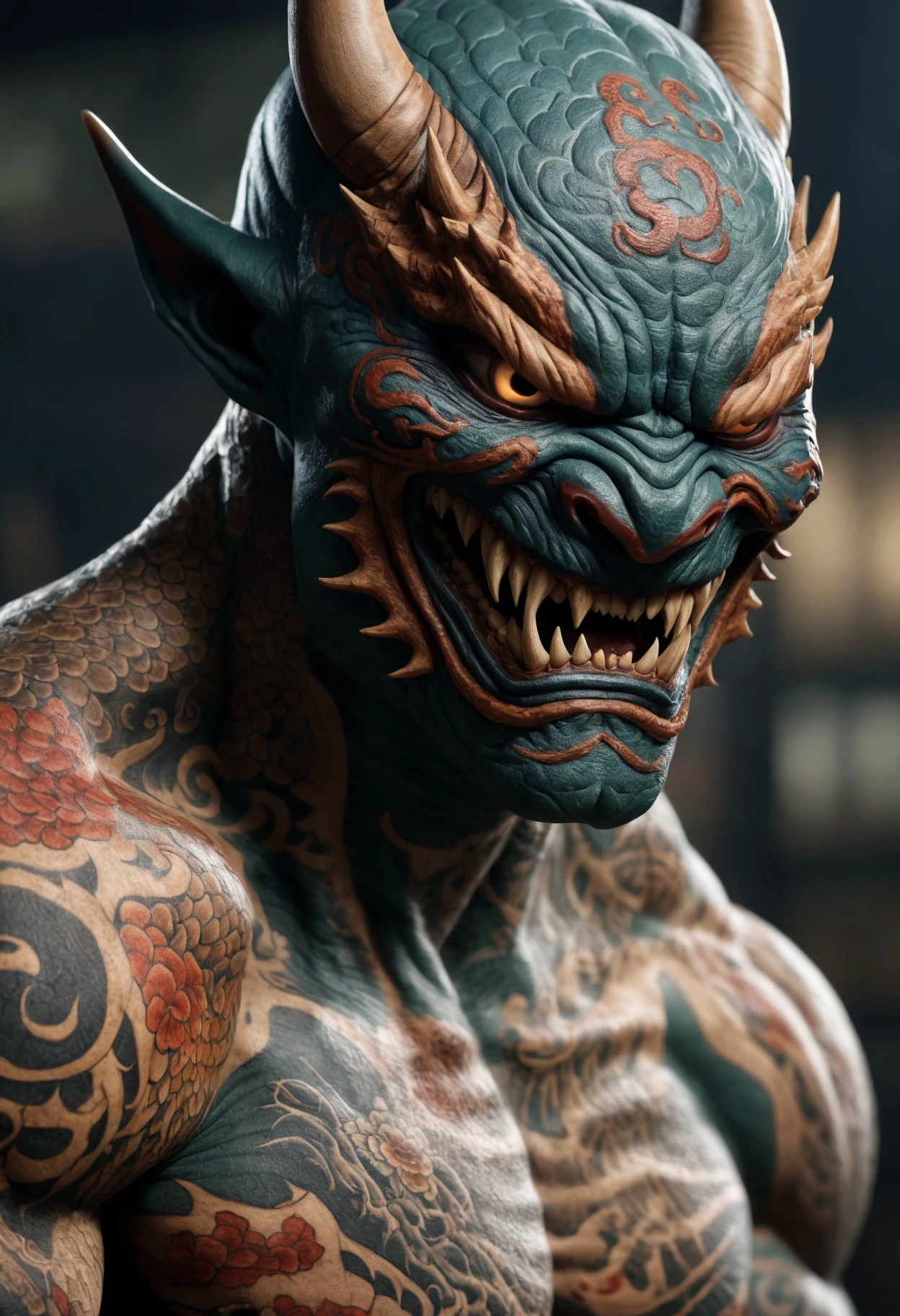DonMP41n717Bl4ckXL DonMD347hM374lXL (masterpiece, best quality,detailed light), DonMH4ny4XL, death, medium sized humanoid creature, robust and muscular build, pointed ears, fangs, greenish skin, scars, clawed hands and feet, crude or tattered clothing, mischievous or malevolent expression trickery, causing trouble, atmospheric pressure , tattoos with dragons and hannya masks, (highres, 4k, 8k, intricate detail, cinematic lighting, amazing quality, amazing shading, soft lighting, Detailed Illustration, wallpaper) <lora:myLoraXL_test\DonMH4ny4XL-000008:0.8>, ,