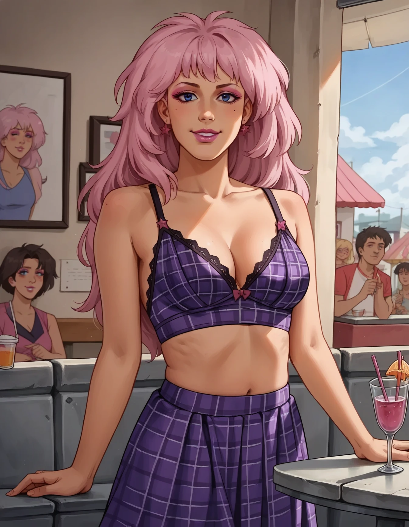 score_9, score_8_up, score_7_up, score_6_up, 1950s diner, portrait, hud_jem, 1girl, solo, long pink hair, blue eyes, HUD_Purpl_pla1d_Lngr_XLP, purple plaid bra, purple plaid skirt, midriff, <lora:HUD_Purpl_pla1d_Lngr_XLP:0.8>, pink eyeshadow, pink lipstick, smile, retro artstyle, <lora:hud_jem:0.7>,