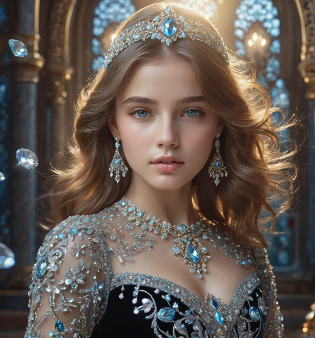 A photograph of 1girl, dress transparent, body,light gems ornate, glitter, diamond, details, detailed scene, magical items, highly detailed scene, masterpiece <lora:ornate:1>