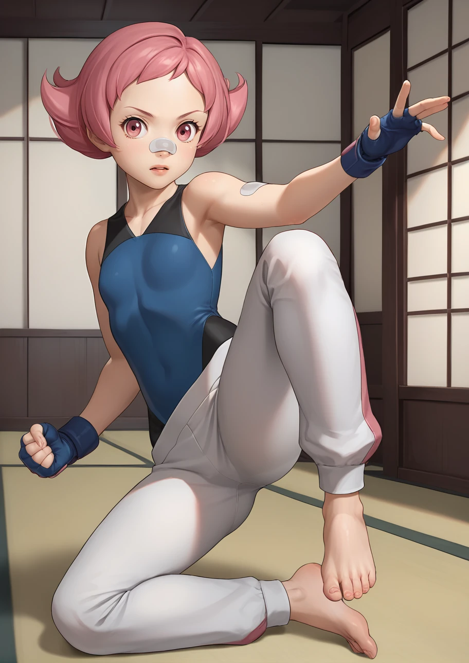 score_9,score_8_up,score_7_up,score_6_up,source anime BREAK, 1girl, solo,
looking at viewer, indoors, fighting stance, dojo,
1girl, maylene (pokemon), pink eyes, pink hair, small breasts, short hair, eyelashes, pointy hair,
white pants, blue gloves, bandaid on nose, bandaid, bandaid on arm, bodysuit, fingerless gloves, barefoot, spandex, white pants, sleeveless,
<lora:maylene_v1_0:1>