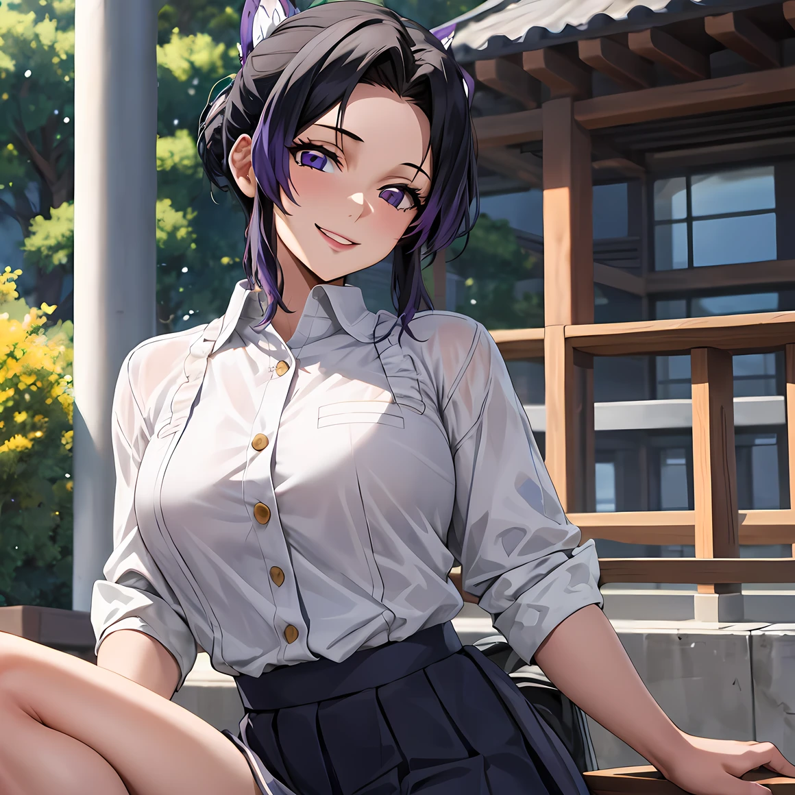 (masterpiece,hires), (2.5D:0.2), attractive woman, 1girl, short hair, kochou shinobu,(seductive evil smile:1.2) , female focus,school uniform, white shirt, grey skirt,   outdoors. , simple background,  looking at viewer, natural lighting,      <lora:testing_kochou-07:0.7>