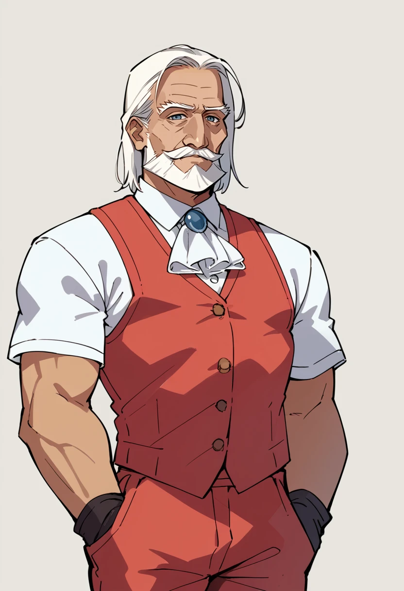 score_9, score_8_up, score_7_up, source_anime, RegalBuisnessman, old man, mustache, beard, medium hair, straight hair, ascot, white shirt, short sleeves, red vest, red pants, black gloves, blur, sketch, simple background, line art, flat color, <lora:Traditional_art_v4_USENEG:-0.7>, <lora:ChamRegalBuisnessmanPonyXL:1.0>