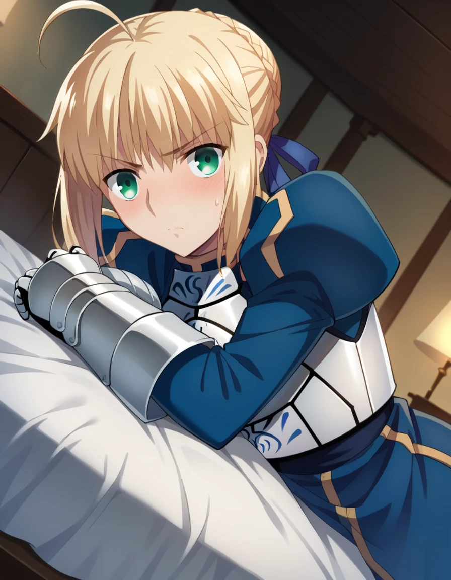 score_9, score_8_up, score_7_up, source_anime,
artoriapendragon, <lora:artoria-pendragon-hf-ponyxl-lora-nochekaiser:1>,
artoria pendragon, artoria pendragon \(fate\), saber, blonde hair, green eyes, ahoge, sidelocks,
hair bun, single hair bun, braid, dress, ribbon, hair ribbon, armor, gauntlets, armored dress,
indoors, bed, bed room, on side, blush, drunk,
looking at viewer, dutch angle,