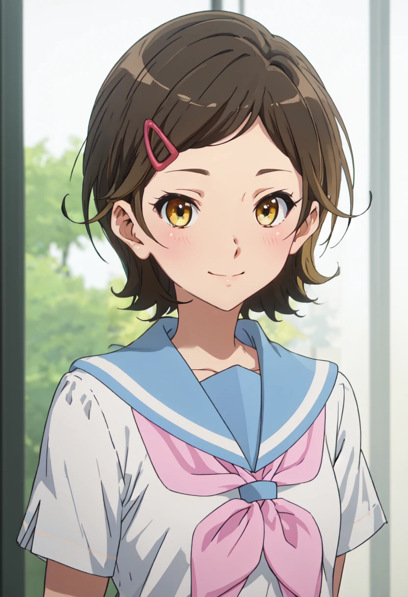 best quality, masterpiece, highres, solo, (katou_hazuki_soundeuphonium:1.10), 1girl, blue sailor collar, kitauji high school uniform, serafuku, blush, white shirt, pink neckerchief, closed mouth, looking at viewer, short sleeves, smile, anime_style, 4 <lora:katou_hazuki_soundeuphonium:0.80>