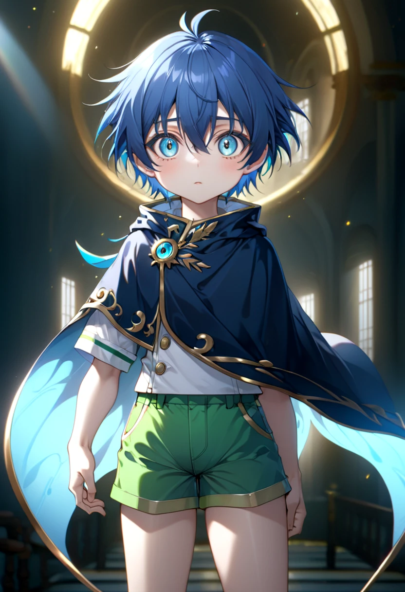 <lora:san_lloyd-de-saloum:0.60>,1boy, lloyd, green shorts,blue hair, masterpiece, ultra detail, blue eyes, (dark blue cape), petite (masterpiece:1.2), best quality, high resolution, unity 8k wallpaper, (illustration:0.8), (beautiful detailed eyes:1.6), extremely detailed face, perfect lighting, extremely detailed CG, (perfect anatomy), anime style, standing