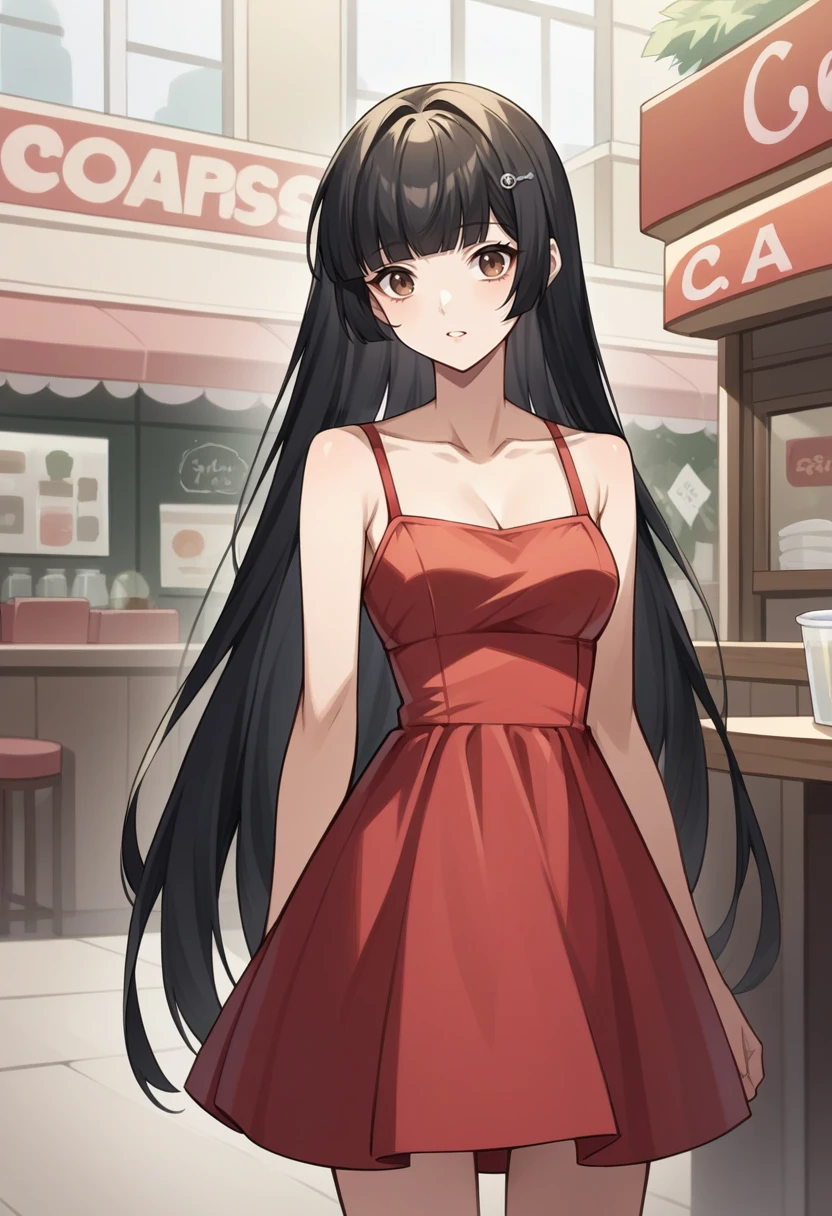 score_9, score_8_up, score_7_up, source_anime BREAK 1girl, solo,   <lora:zs_RikoXL:1> rikop5x, black hair, very long hair, blunt bangs, hairclip, brown eyes, fancy red dress, cafe, cowboy shot