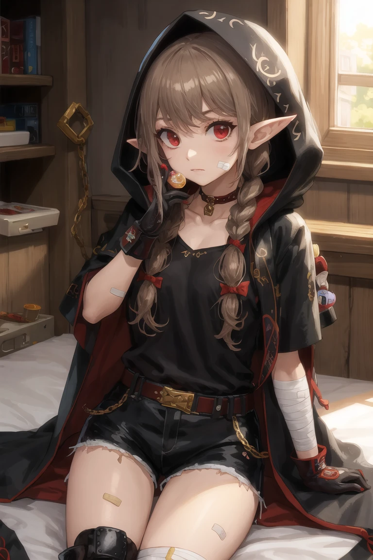 masterpiece,best quality,iggy1,background,bed sheet,windows,sun light through windows,cowboy shot,<lora:iggy1-000018:0.6>,red eyes,long hair,pointy ears,brown hair,gloves,hood,bandaid,shorts,cloak,belt,bandaid on leg,bandaid on face,knee pads,hood up,twin braids,coat,chain,bandages,twintails,collarbone,bangs,candy,black shirt,