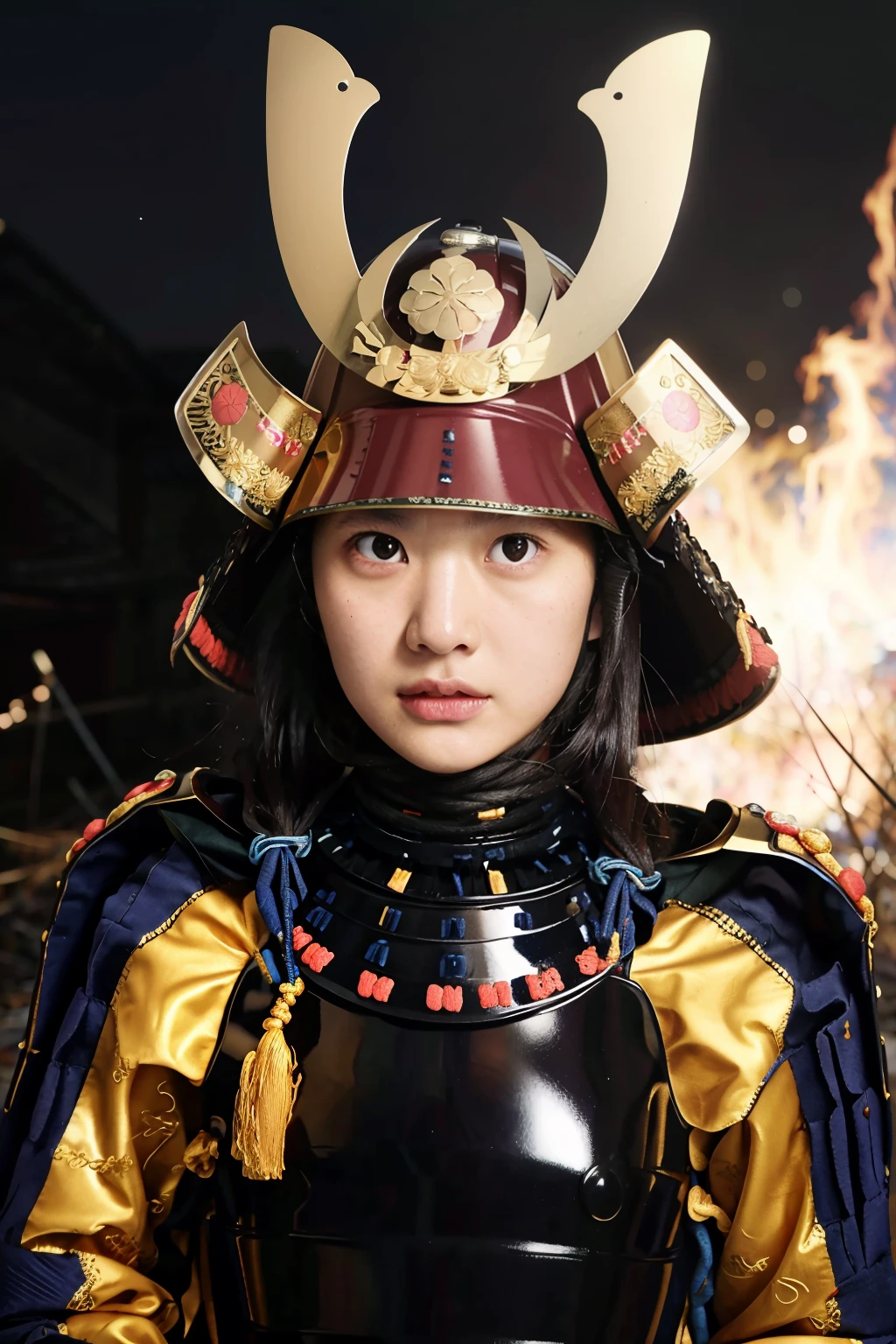 best quality, masterpieces,
young girl, angry face, stare eyes, (pov), close up, full-length portrait,
samurai armor, samurai helmet, golden symbol on helmet,
midnight, dark sky, moon, background on fire, dark theme, in front of devastated houses, ruins background,
heavy shadow, film photography, soft focus, detailed skin, matte skin, soft lighting, subsurface scattering, realistic,
<lora:hina_samurai_armor_v14:0.7>