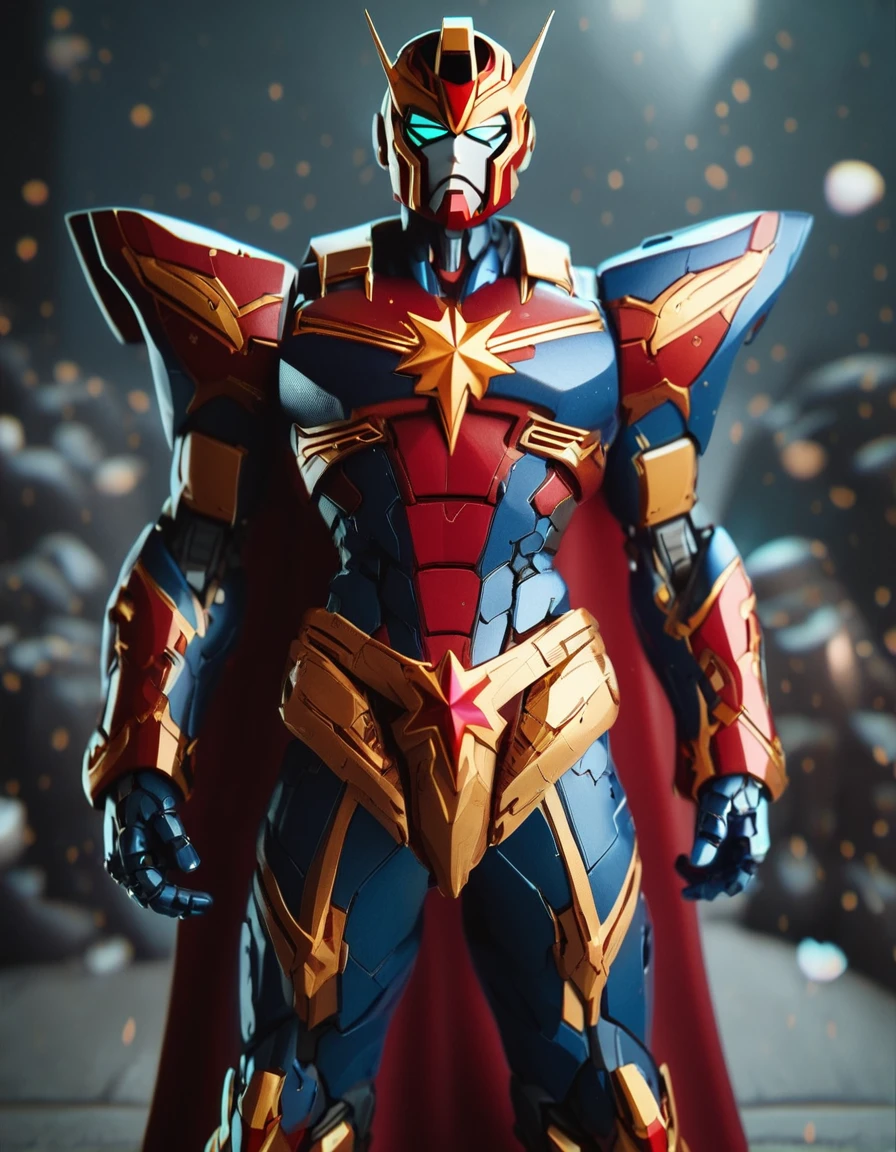 gunpla, score_9, score_8_up, score_7_up, score_6_up, score_5_up, 3d render, ((masterpiece)), digital anime, gundam, painted like (Captain Marvel), glossy metal, shining metal, mechanical face,  ruined city background