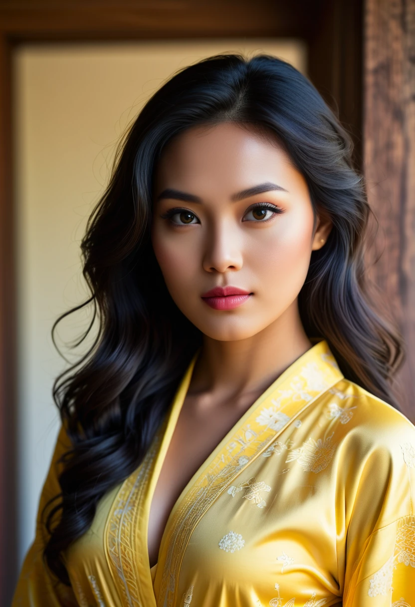 Modelshoot (Candid 1.3) photo of a vivacious 28-year-old Burmese supermodel, fullbody view, Striking eyes, voluminous wavy hair, coy expression, lipgloss, wearing intricately detailed Yellow Kimono, looking at viewer, (upper body shot:1.5) Natural lighting, shot using a Leica T in the style of (Daniel Jackson:1.3) High detail, intricate, detailed face, detailed eyes, detailed skin, Shallow Depth of Field, Rustic Background,