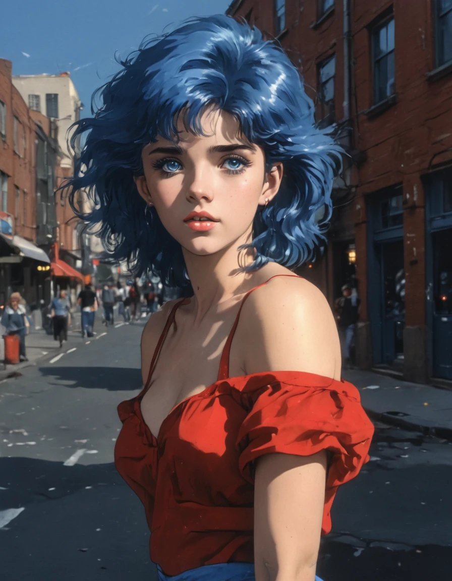 <lora:AniZi_v5:0.85>, 1girl, blue_eyes, 1980s_\(style\), retro_artstyle, 1girl, anime, bare_shoulders, blue_eyes, blue_hair. BREAK red dress, dot polka dress, (walking the street), illustration, (manga:1.1)