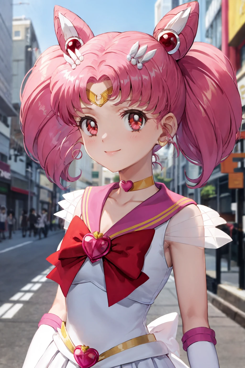 masterpiece, best quality,
1girl, chibiusa, pink hair, twintails, cone hair bun, double bun,  red eyes, earrings, hair ornament, tiara,
red bow, heart brooch, back bow, bow, brooch, choker, elbow gloves, heart choker, magical girl, multicolored clothes, multicolored pleated  skirt, pink sailor collar, sailor senshi uniform, yellow choker,
outdoors, blue sky, smile,  upper body, solo, looking at viewer, buildings, tokyo street background   <lora:Chibiusa:1>