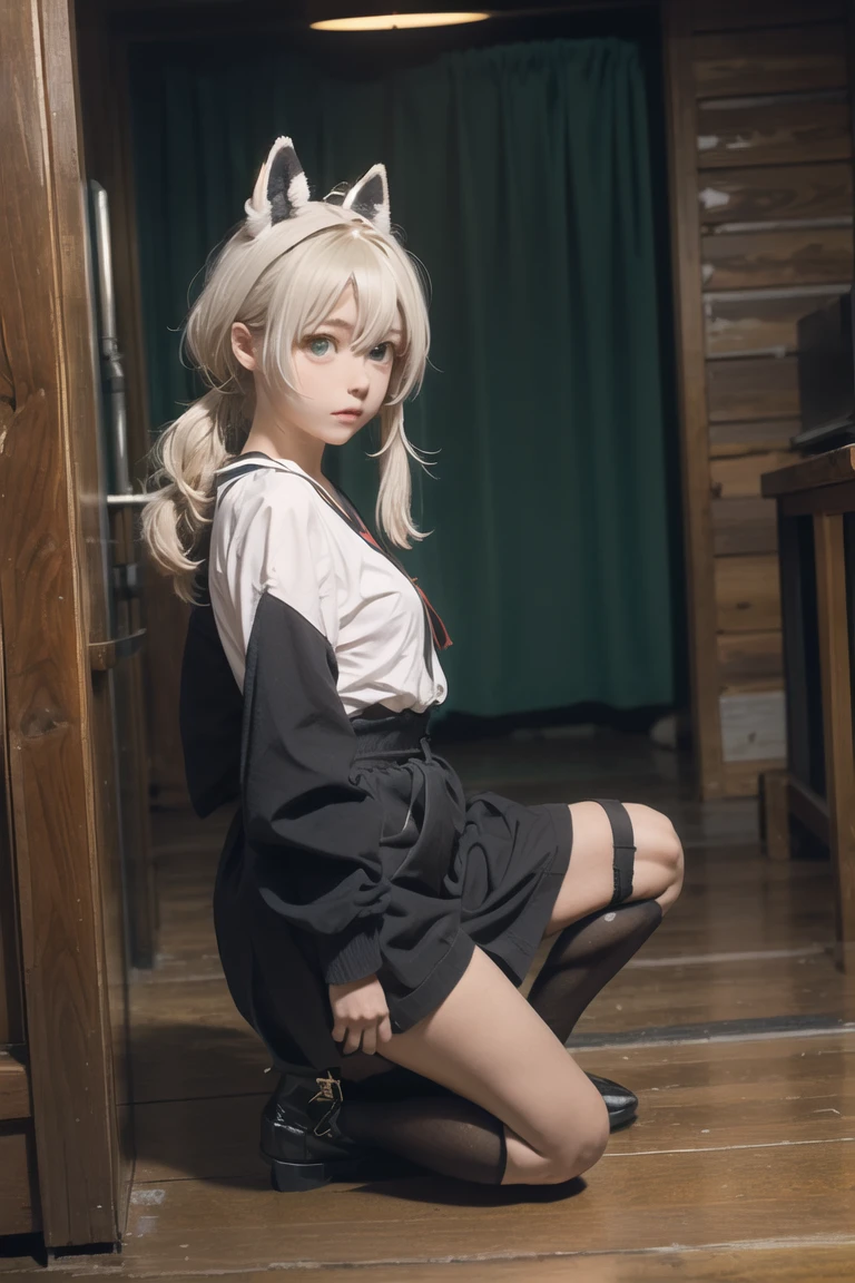 (masterpiece),best quality,from_side,Dark environment,Stand on one foot,Stand against the wall,One knee up,Lift one foot,Put foot against the opposite wall,1girl,shirakami fubuki,virtual youtuber,animal ears,fox ears,fox girl,white hair,fox tail,jacket,thigh strap,long hair,ahoge,bangs,braid,fur trim,green eyes,hair between eyes,stairs,sidelocks,looking at viewer,