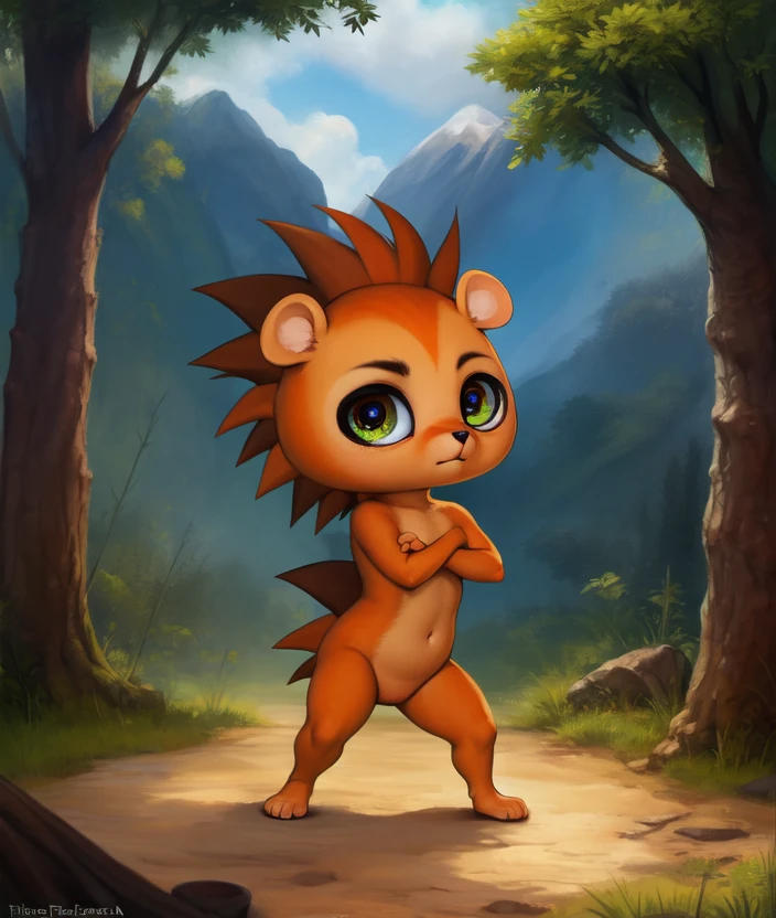 <lora:RussellFergusonCartoon:1> RussellFergusonCartoon,  [road, earth, forest, trees, sky, clouds, mountains,]    Hedgehog, Orange fur, green eyes,
textured fur, solo,  looking at viewer, to his full height,  (beautiful, aesthetic, perfect, delicate, intricate, masterpiece, )   chibi, (fighting stance)
[by kenket|by totesfleisch8], by thebigslick:by silverfox5213:0.8], [by syuro, by paloma-paloma::0.2, (Tricksta, TotesFleisch8)