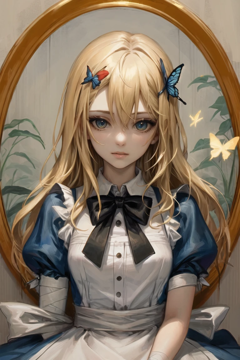 (masterpiece),best quality,portrait,upper_body,1girl,solo,blonde hair,long hair,dress,butterfly hair ornament,bandages,bowtie,striped bow,hair between eyes,puffy sleeves,apron,striped,short sleeves,pantyhose,bandaged arm,alice \(alice in wonderland\),