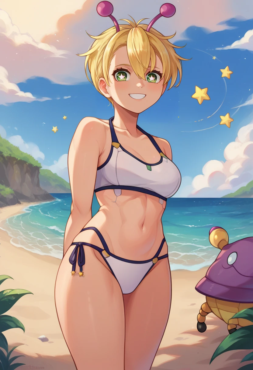 score_9, score_8_up, score_7_up, source_anime, solo, 1girl, bamora, smile, looking at viewer, arms behind back, blonde hair, antennae, green eyes, star-shaped pupils, white bikini, side-tie bikini bottom, outdoors, beach <lora:dandadan_bamora_ponyXL:1>