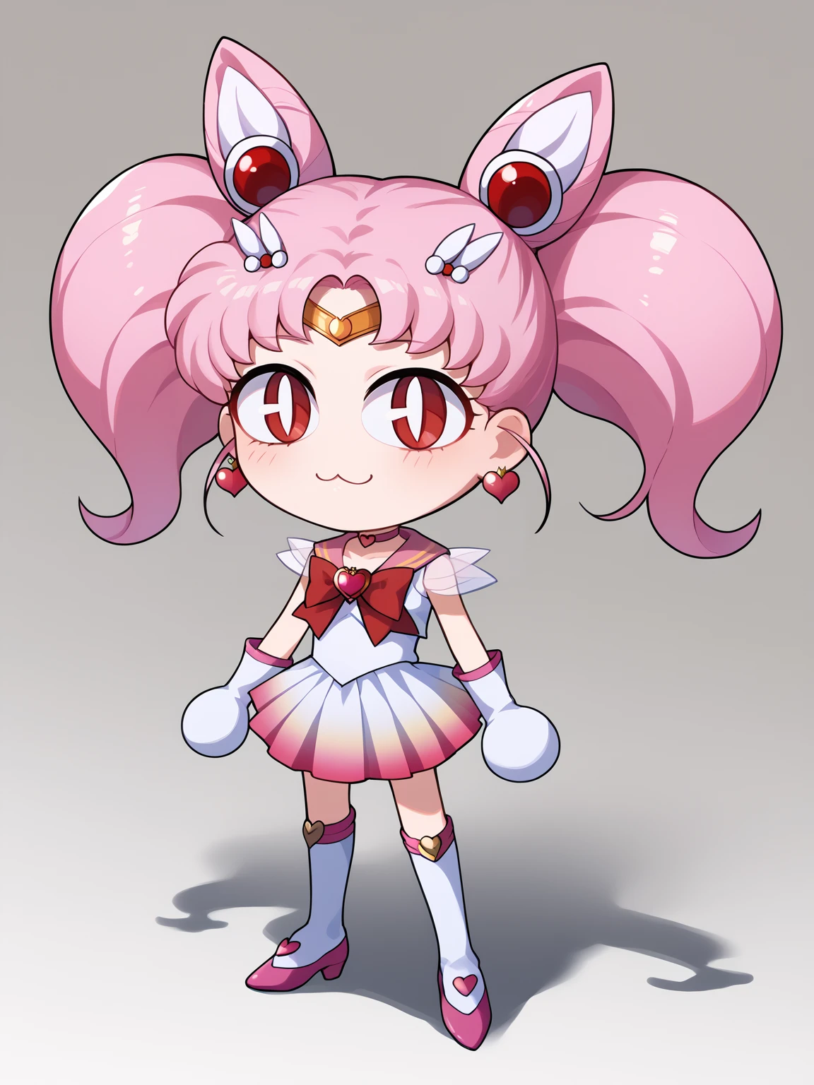 score_9, score_8_up, score_7_up, BREAK,
1girl, necoarc, cat ears,
chibiusa, pink hair, twintails, cone hair bun, double bun, red eyes, earrings, hair ornament, tiara, hairpin,
red bow, heart brooch, bow, brooch, white elbow gloves, heart choker, magical girl, multicolored clothes, multicolored pleated skirt, pink sailor,
standing, chibi, slit pupils, solo, full body, white background <lora:necoarc-guy-PONY-v1:1> <lora:ChibiusaXL:1>