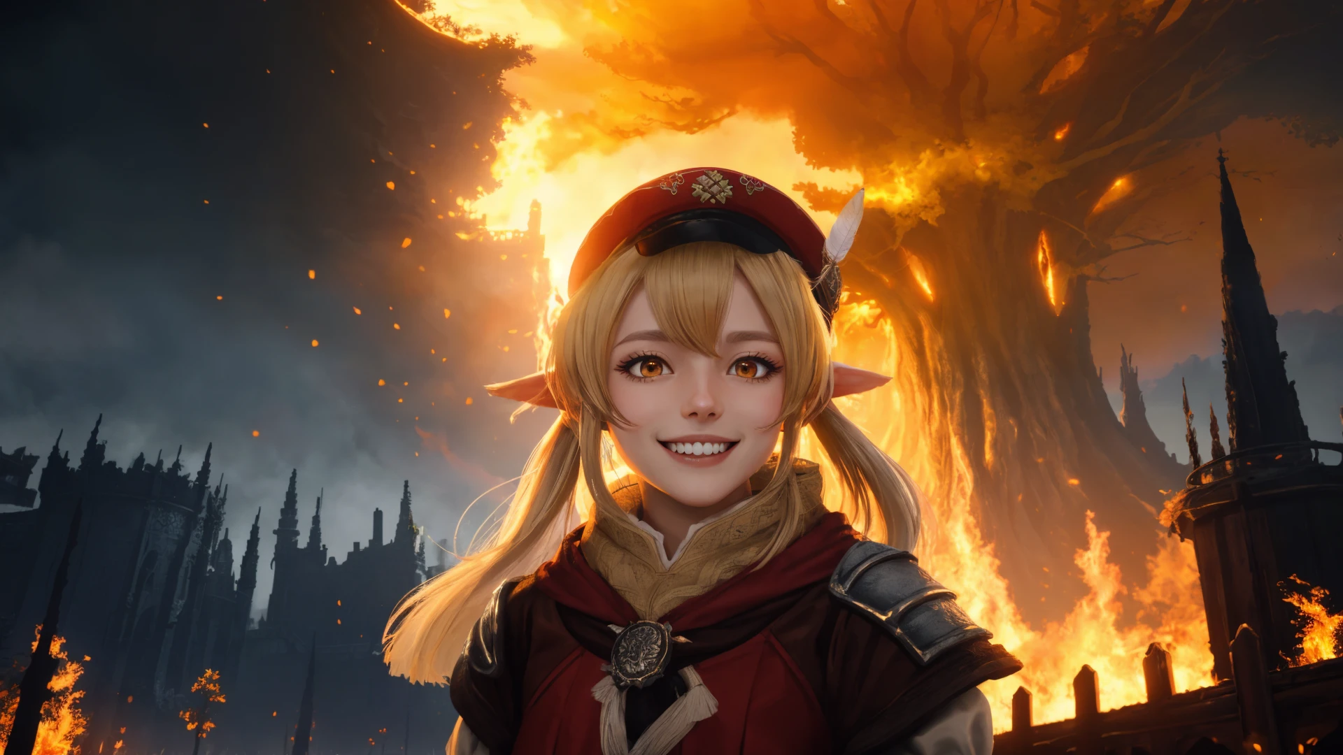 close view portrait of kleedef, (grin),looking at viewer,happy,cute, kawai,hat, feather,
evil crazy smile, flames in the eyes,
BREAK
(huge burning giant  tree, burning foliage reaching the sky:1.2) at background,
(yellow sky:1.4), (burning sky, fire, flames.embers:1.1),
BREAK
(eldenring:1.3), 
 <lora:woafu_rpgstyle:0.8>
 <lora:klee1:0.8>