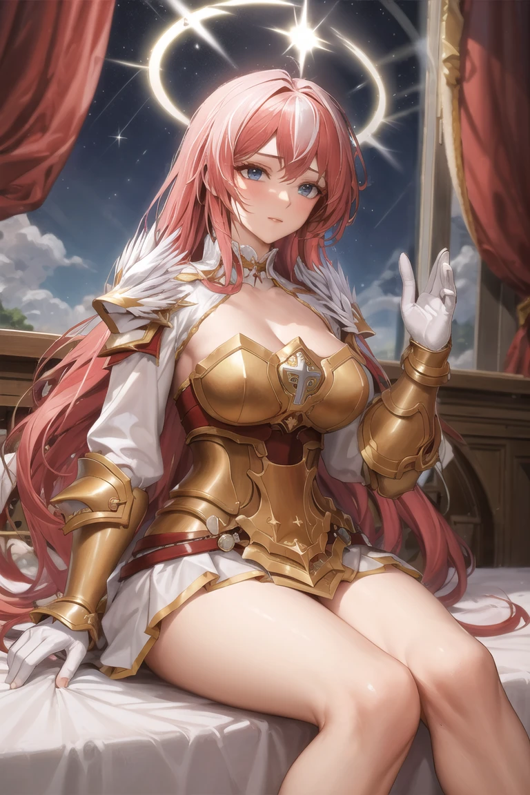 extremly detaled, dynamic sexy pose, bare feet, detaled feet, feet focus perspective,goddess, shine gold  heavy armor with red finish, long white hair, red cape and scarf, midget, gold hair clip, big tits, chestplate