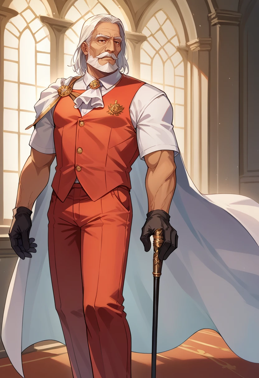 score_9, score_8_up, score_7_up, source_anime, RegalBuisnessman, old man, mustache, beard, medium hair, straight hair, ascot, white shirt, short sleeves, red vest, red pants, side cape, white cape, black gloves, holding cane, standing, indoors, <lora:ChamRegalBuisnessmanPonyXL:1>