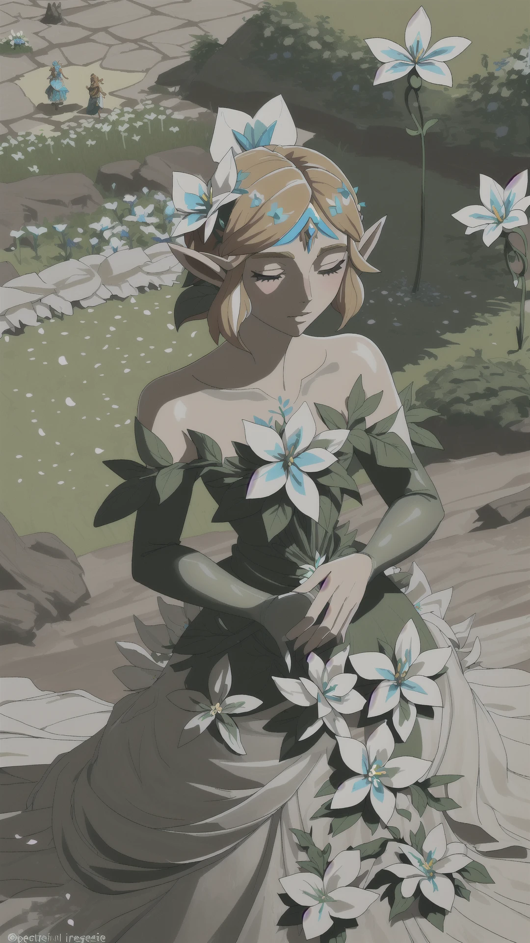 <lora:SilentPrincessBotW:0.8> SilentPrincessBotW, flower, garden, <lora:edgPetalDress:0.8> edgPetal, a woman wearing a dress made of flower petals, wearing edgPetal, garden background