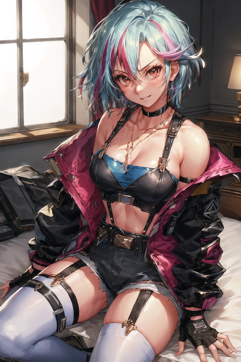 masterpiece,best quality,hunter1,background,bed sheet,windows,sun light through windows,bed sheet,<lora:hunter1-000018:0.7>,multicolored hair,short hair,gloves,white thighhighs,streaked hair,jewelry,shorts,jacket,choker,garter straps,hair between eyes,skindentation,knee pads,sitting,cowboy shot,