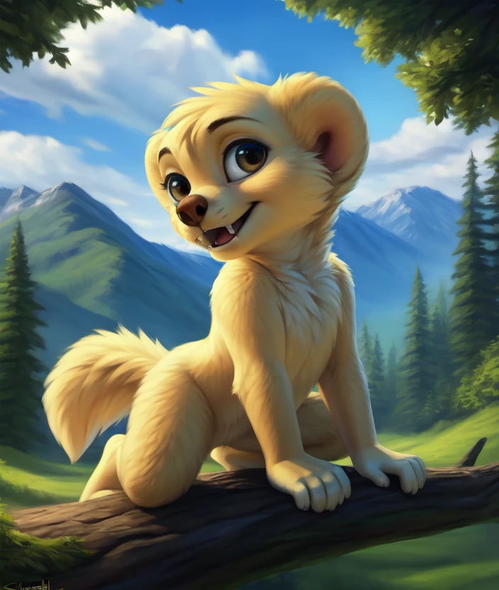 <lora:HugoCartoonCreat:1> HugoCartoonCreat,  [road, earth, forest, trees, sky, clouds, mountains,]  male,  furry, yellow  fur, fangs, 
textured fur, solo,  looking at viewer, to his full height,  (beautiful, aesthetic, perfect, delicate, intricate, masterpiece, )  chibi, (all fours, cowgirl position,)
by silgiriya mantsugosi, [[detailed Chunie lighting ]], [by personalami0.2], by cynicalstarr,