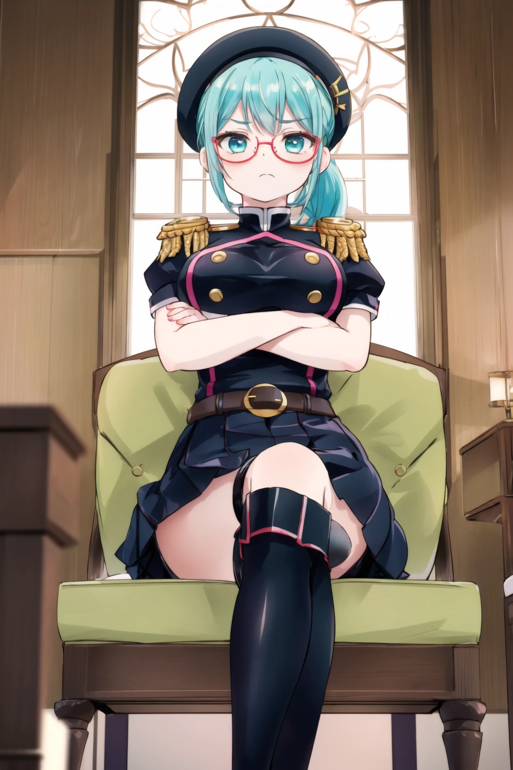 (mato uniform), sitting, indoors, glasses, beret, ponytail, gigantic breasts, aqua eyes, frown, looking at viewer, thigh boots, pleated skirt, crossed arms, crossed legs, pink panties, microskirt, puffy short sleeves, epaulettes,  belt, from below, <lora:mato:0.6>