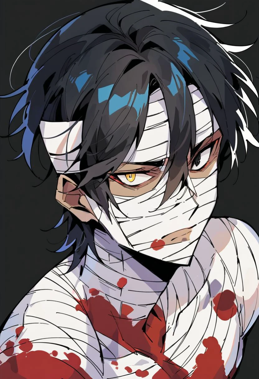 (score_9, score_8_up:1.1), score_7_up, isaac foster, 1boy, black hair, black eyes, yellow eyes, heterochromia, bandages, bandaged head, bangaded body, shirtless, looking at viewer, serious, blood, dark background