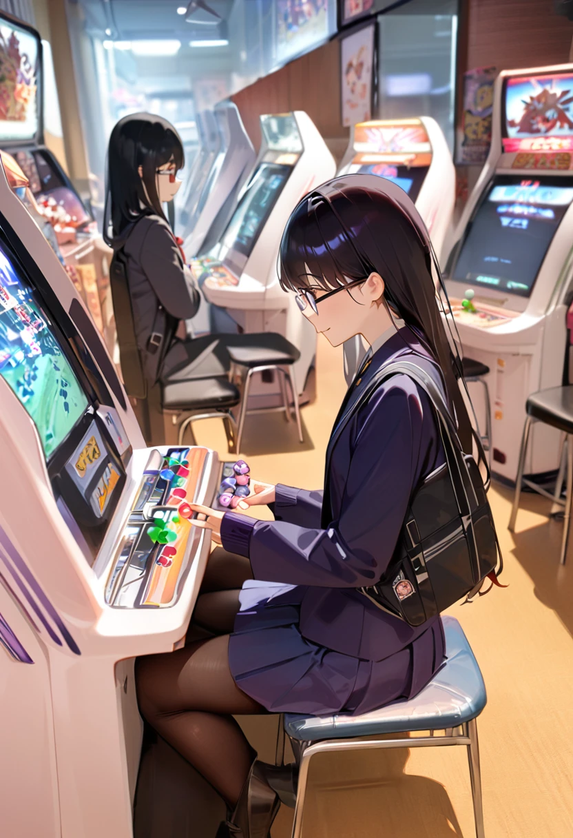 masterpiece, best quality, very aesthetic, absurdres,
1girl, solo, glasses, black hair, long hair, navy jacket, navy pleated skirt, pantyhose, black bag, smile, sitting, solo focus, from side, playing games, 
game_center, scenery, japan, arcade cabinet, scenery, chair, poster (object), 
<lora:game_center_SDXL_V1:1>