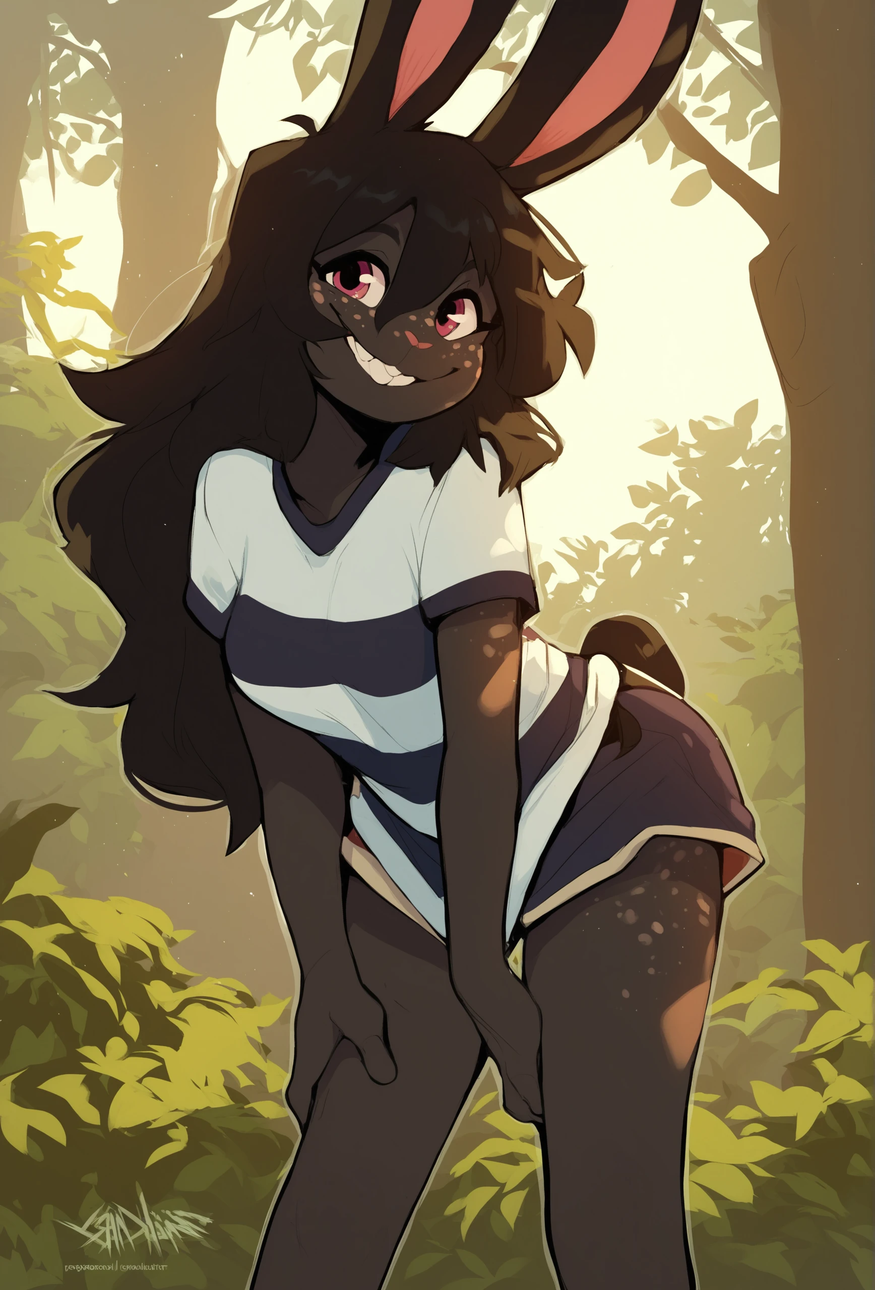 Furry black bear,Black skin,Loli body,Blue eyes,Long black hair,In the daytime,Glowing hair,No panties,did not wear underwear,A shy look,Lying in the creek,Full body like,Top view