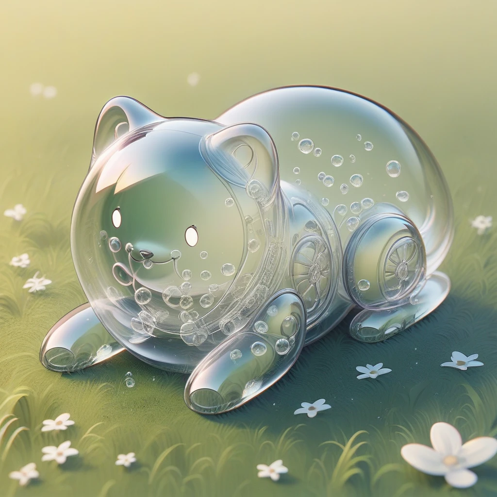 score_9, score_8_up,  <lora:BubblyTech_PonyXL_B-000013:1>,bubblytech ,scifi,   transparency, caustics , iridescent,
animal, cute puppy,  on grass,