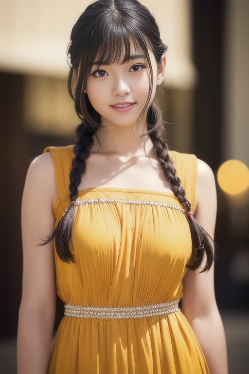 1girl,(RAW photo, best quality), (realistic, photo-realistic:1.4), masterpiece, an extremely delicate and beautiful, extremely detailed, 2k wallpaper, Amazing, finely detail, extremely detailed CG unity 8k wallpaper, ultra-detailed, highres, soft light, beautiful detailed girl, extremely detailed eyes and face, beautiful detailed nose, beautiful detailed eyes,cinematic lighting,perfect anatomy,
wearing a yellow dress,(bokeh:1.1),
at a night city,looking at viewer,twin braids,young japanaese idol,
smile, <lora:iidahikaru_lora-chilled_05:0.8>