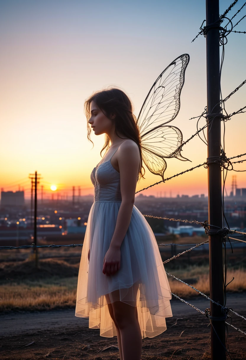 In the waning light of day, a solitary fairy-like figure is enshrouded in barbed wire, her delicate, translucent wings reflecting the last rays of the sunset. The wire, a lattice of sorrow, stretches from her, piercing through the city's heart, as if to draw out its hidden melancholy. Her eyes, pools of profound sadness, gaze wistfully at the sprawling urban scape, her ephemeral beauty a stark contrast to the enduring city structures. The scene is steeped in a haunting, cinematic atmosphere, with each barb on the wire catching the light to create a poignant tableau of light and shadow. The city, bathed in the twilight glow, mirrors her forlorn silhouette, each building telling its own tale of desolation. This moment captures the fragility of joy in the vast theatre of life, painting a portrait of a fairy connected to the world's sorrow, her transparency an echo of the fleeting nature of happiness