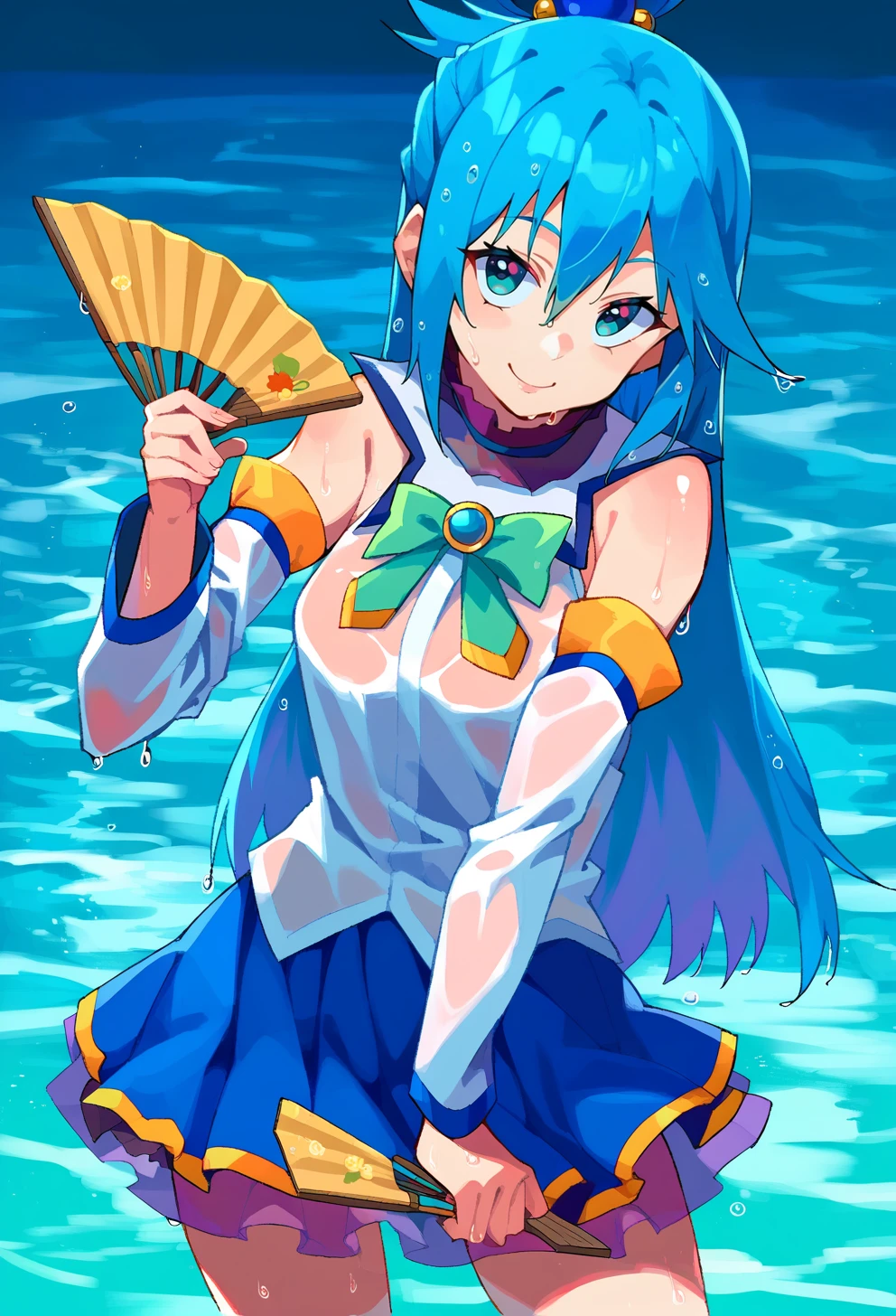 score_9, score_8_up, score_7_up, score_6_up, source anime, BREAK
 <lora:konosuba_aqua:0.8> auqapnxl, aqua \(konosuba\), 1girl, hand fan, solo, long hair, water, folding fan, smile, looking at viewer, holding fan, bare shoulders, cowboy shot, see-through, water, wet