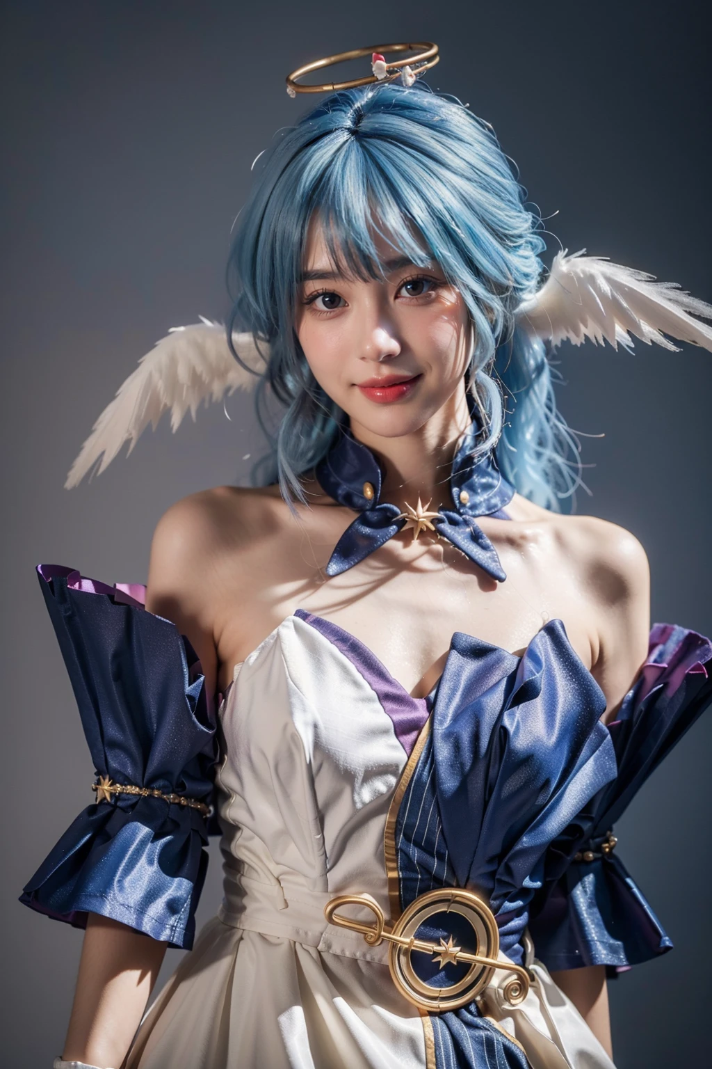 best quality, masterpiece, realistic, photorealistic, 1girl, solo, looking at viewer, smile, standing, cowboy shot, arms at side, robin cosplay costume, cosplay, blue hair, long hair, dress, asymmetrical dress, strapless dress, detached sleeves, detached collar, head wings, feathered head wings, angel halo, halo, bare shoulders, gloves, treble clef symbol, music symbol, jewelry, grey background, <lora:Honkai_StarRail_Robin_cosplay_costume_v1:0.7>