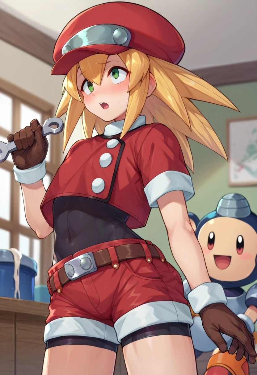 rating_explicit, score_9, score_8_up, score_7_up, score_6_up, score_5_up, score_4_up, by ishikawa hideki,
<lora:RollCaskettMegamanPonybyRR:1>, roll caskett (mega man), hair between eyes, bangs, long hair, spiked hair, blonde hair, green eyes, red cabbie hat, brown gloves, red jacket, short sleeves, spandex, brown belt, cropped jacket, bike shorts under red shorts, red boots, covered navel,
1girl, blush, open mouth, holding,
dynamic shot, indoors, wrench