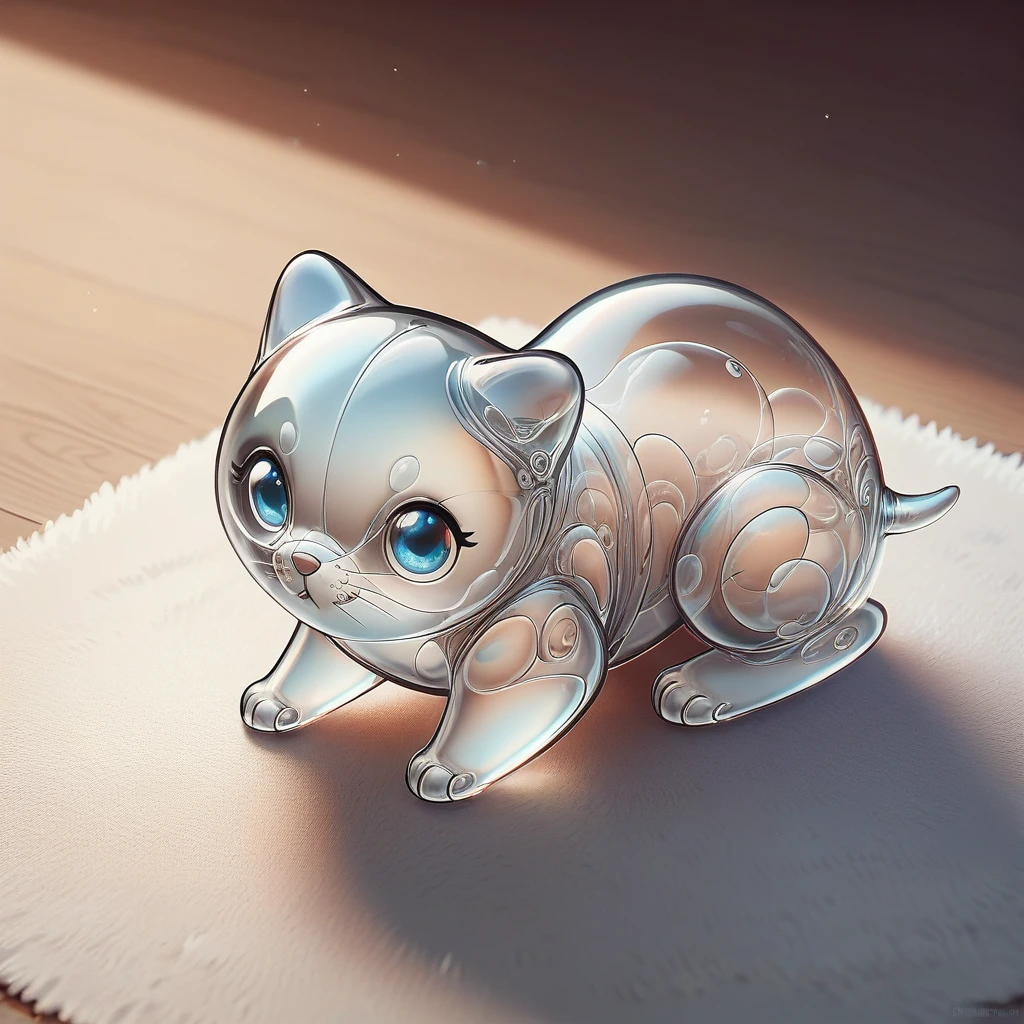 score_9, score_8_up, <lora:BubblyTech_PonyXL_B-000013:1>,bubblytech ,scifi, transparency, caustics , iridescent,
animal, cute kitten , on carpet ,
