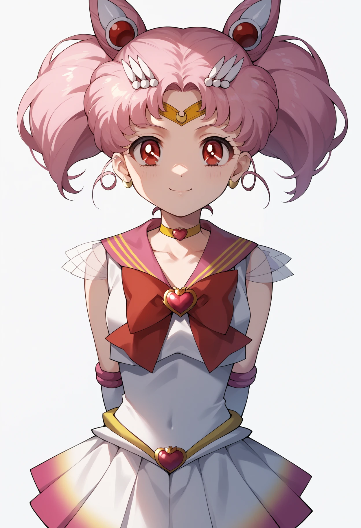 score_9, score_8_up, score_7_up, score_6_up, score_5_up, score_4_up, BREAK, source_anime,
1girl, chibiusa, pink hair, twintails, cone hair bun, double bun, red eyes, earrings, hair ornament, tiara,
red bow, heart brooch, choker, white elbow gloves, magical girl, multicolored clothes, multicolored pleated skirt, pink sailor collar, sailor senshi uniform,
hands behind back, smile, upper body, looking at viewer, solo, simple background, white background <lora:ChibiusaXL:1>