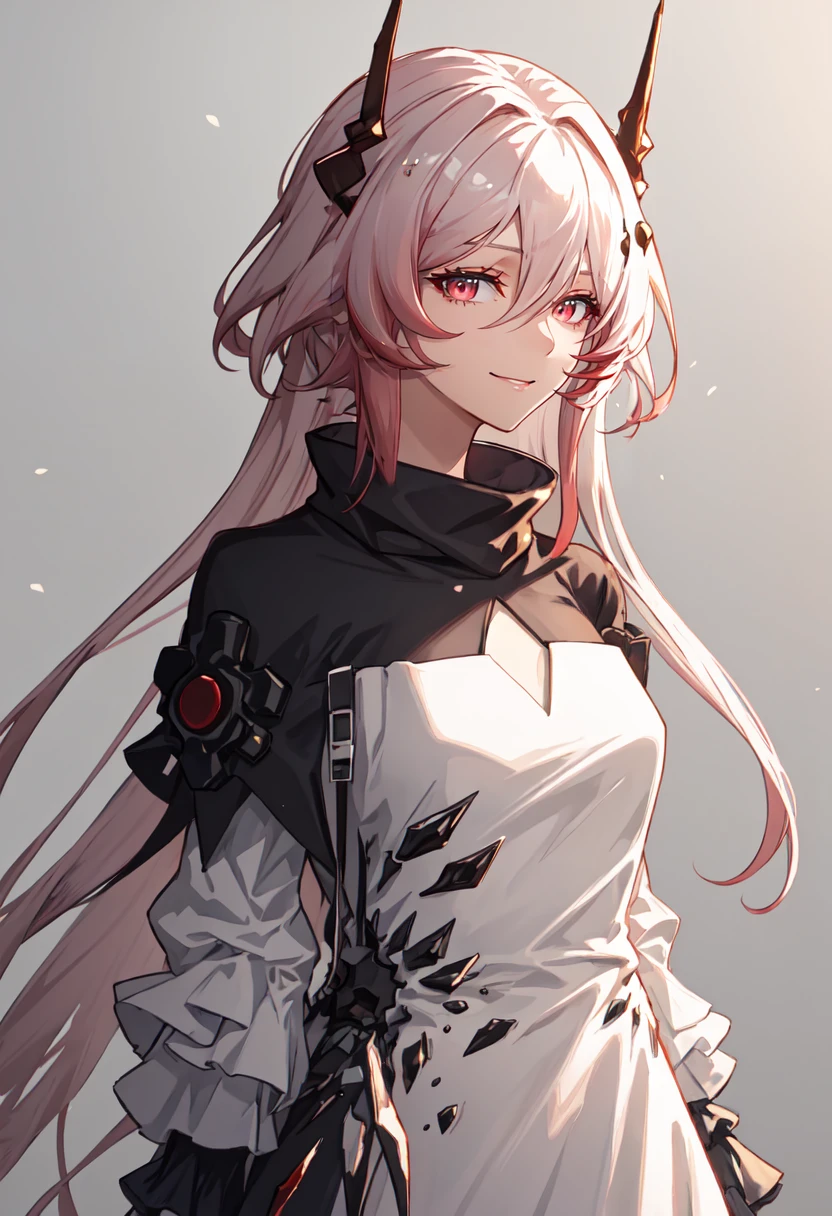 best quality, masterpiece, highres, solo, (theresa_arknights:1.10), 1girl, white dress, long sleeves, looking at viewer, closed mouth, smile, simple background, upper body, 2 <lora:theresa_arknights:0.80>