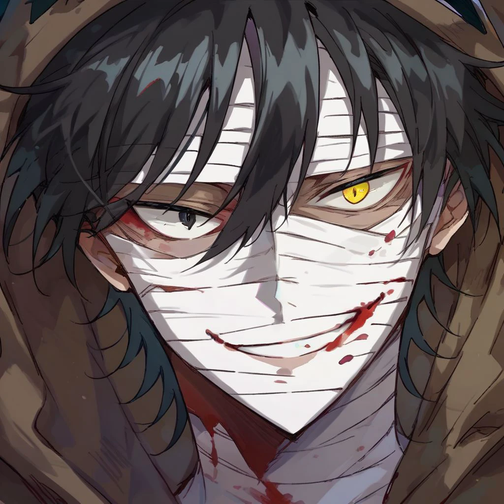 (score_9, score_8_up:1.1), score_7_up, isaac foster, 1boy, black hair, black eyes, yellow eyes, hood up, heterochromia, bandages, bandaged head, brown hoodie, looking at viewer, smile, bloody background, close up portrait, nori