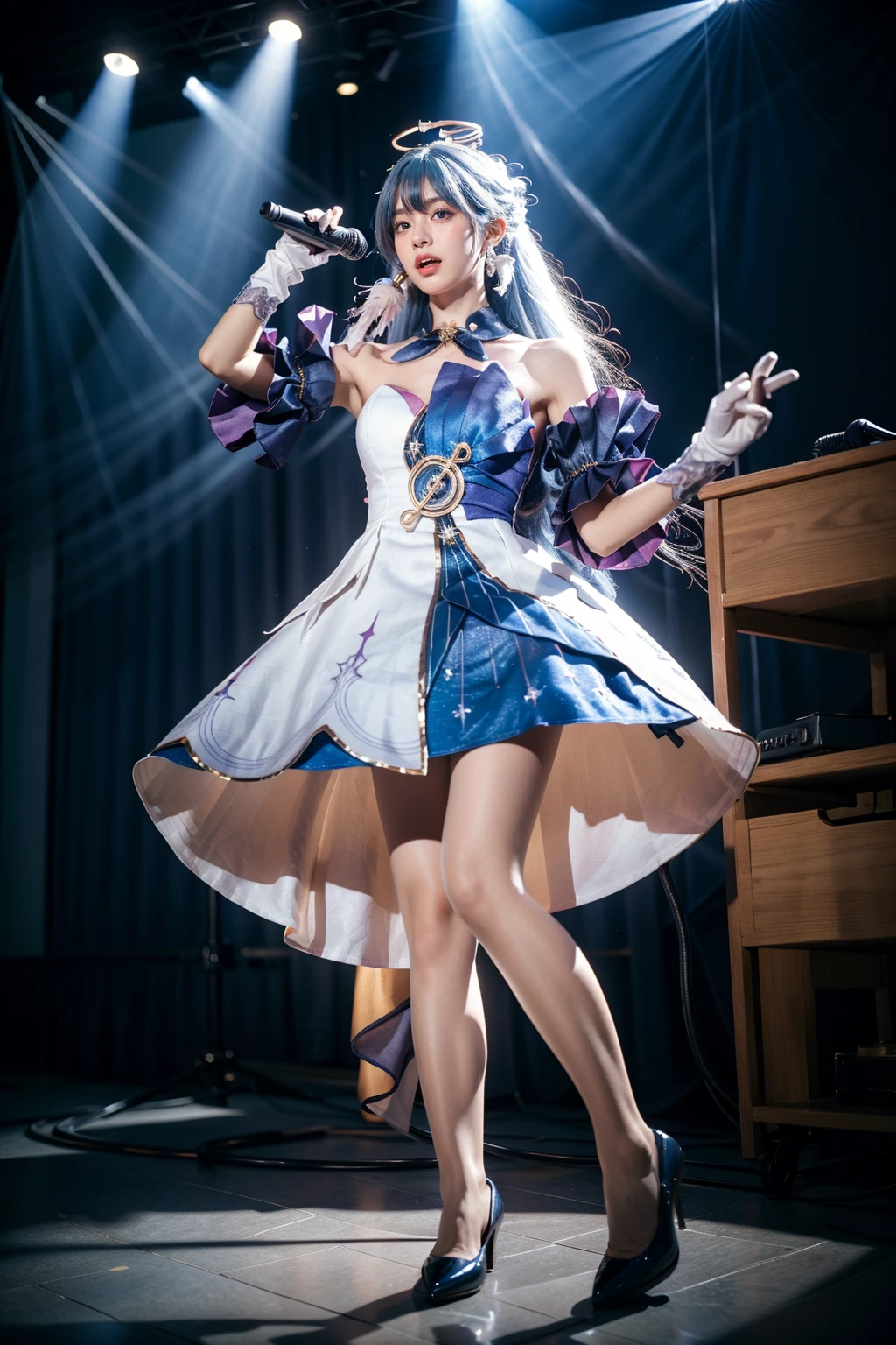 best quality, masterpiece, realistic, photorealistic, 1girl, solo, looking at viewer, open mouth, standing, full body, holding microphone, robin cosplay costume, cosplay, blue hair, long hair, dress, asymmetrical dress, strapless dress, detached sleeves, detached collar, head wings, feathered head wings, angel halo, halo, bare shoulders, gloves, treble clef symbol, music symbol, jewelry, high heels, blue high heels , stage lighting, stage spotlight, detailed background, audience, bands, <lora:Honkai_StarRail_Robin_cosplay_costume_v1:0.7>