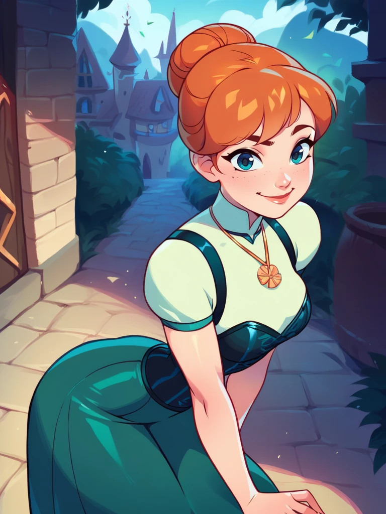 score_9, score_8_up, score_7_up, score_6_up, 1girl leaning forward, cute pose, green drees, long skirt, corset, hair bun, necklace, medium breasts, narrow waist, wide hips, thick thighs, looking at viewer, dynamic pose, smile, cute, solo, cowboy shot, realistic, cute, cartoon, from side, from above, village, castle,
<lora:AnnaXLP_character:0.8>AnnaXLP <lora:KajinmanLycoXL:0.8>